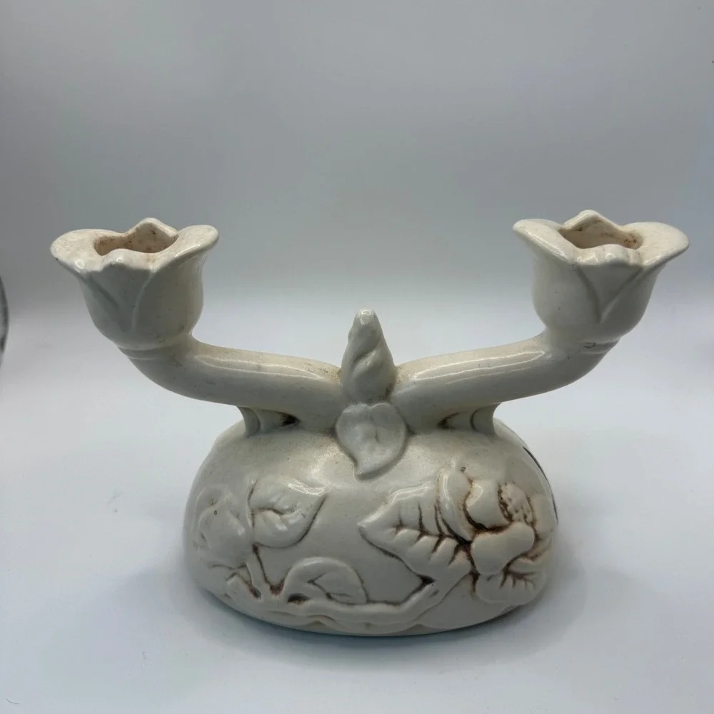 Red Wing USA Art Pottery 1029 Double Candle Holder Floral Rose Cream Vintage